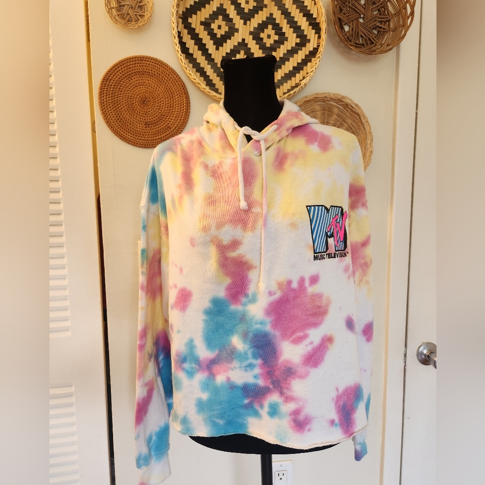 MTV Tie-Dye Hoodie Sweater in Yellow, Pink, Blue - Picture 6 of 13